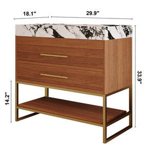 English Elm 29.9" Freestanding Bathroom Vanity Sintered Top Ceramic Sink Soft-close Drawers Small Bath Gold, Walnut, White - B W3136S00114