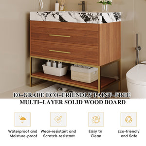 English Elm 29.9" Freestanding Bathroom Vanity Sintered Top Ceramic Sink Soft-close Drawers Small Bath Gold, Walnut, White - B W3136S00114