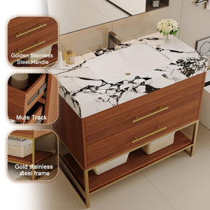 English Elm 29.9" Freestanding Bathroom Vanity Sintered Top Ceramic Sink Soft-close Drawers Small Bath Gold, Walnut, White - B W3136S00114