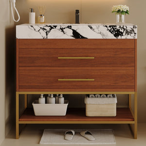 English Elm 29.9" Freestanding Bathroom Vanity Sintered Top Ceramic Sink Soft-close Drawers Small Bath Gold, Walnut, White - B W3136S00114