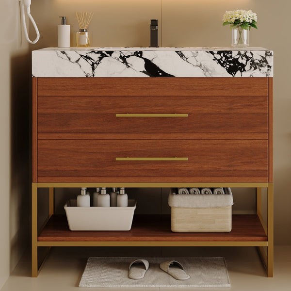 English Elm 29.9" Freestanding Bathroom Vanity Sintered Top Ceramic Sink Soft-close Drawers Small Bath Gold, Walnut, White - B W3136S00114