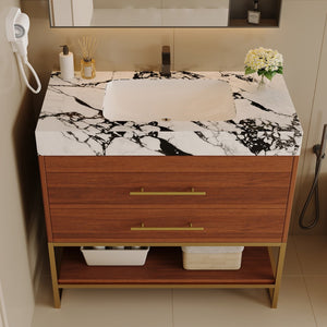English Elm 29.9" Freestanding Bathroom Vanity Sintered Top Ceramic Sink Soft-close Drawers Small Bath Gold, Walnut, White - B W3136S00114