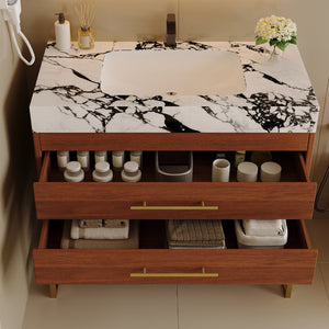 English Elm 29.9" Freestanding Bathroom Vanity Sintered Top Ceramic Sink Soft-close Drawers Small Bath Gold, Walnut, White - B W3136S00114
