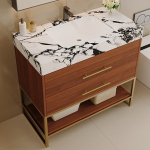 English Elm 29.9" Freestanding Bathroom Vanity Sintered Top Ceramic Sink Soft-close Drawers Small Bath Gold, Walnut, White - B W3136S00114