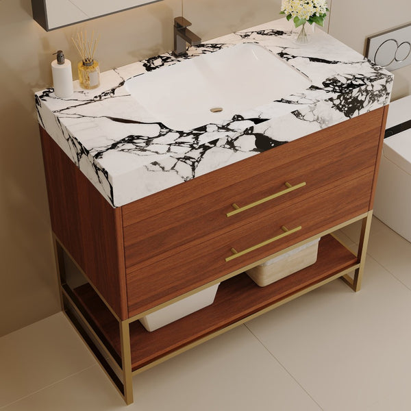 English Elm 29.9" Freestanding Bathroom Vanity Sintered Top Ceramic Sink Soft-close Drawers Small Bath Gold, Walnut, White - B W3136S00114