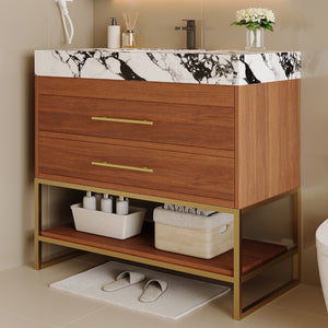 English Elm 29.9" Freestanding Bathroom Vanity Sintered Top Ceramic Sink Soft-close Drawers Small Bath Gold, Walnut, White - B W3136S00114