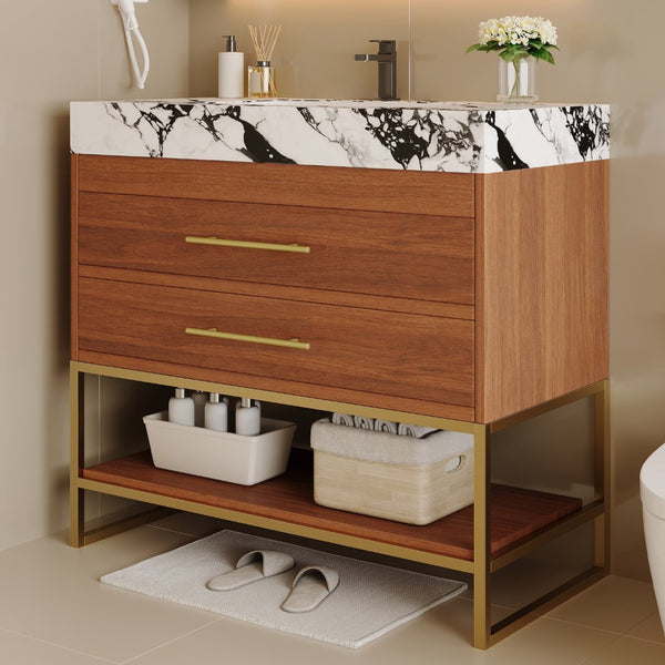 English Elm 29.9" Freestanding Bathroom Vanity Sintered Top Ceramic Sink Soft-close Drawers Small Bath Gold, Walnut, White - B W3136S00114