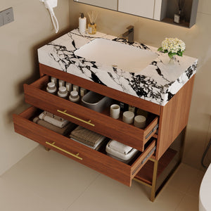 English Elm 29.9" Freestanding Bathroom Vanity Sintered Top Ceramic Sink Soft-close Drawers Small Bath Gold, Walnut, White - B W3136S00114
