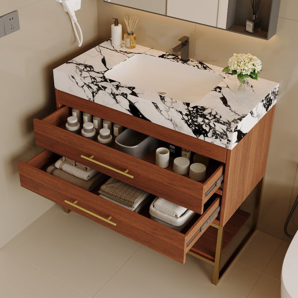 English Elm 29.9" Freestanding Bathroom Vanity Sintered Top Ceramic Sink Soft-close Drawers Small Bath Gold, Walnut, White - B W3136S00114