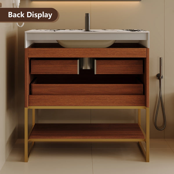 English Elm 29.9" Freestanding Bathroom Vanity Sintered Top Ceramic Sink Soft-close Drawers Small Bath Gold, Walnut, White - B W3136S00114