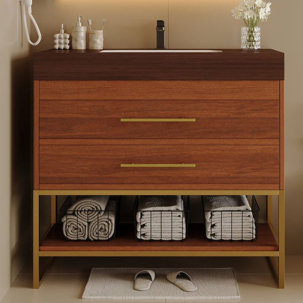 English Elm 29.9" Freestanding Bathroom Vanity Sintered Top Ceramic Sink Soft-close Drawers Small Bath Gold, Walnut W3136S00115