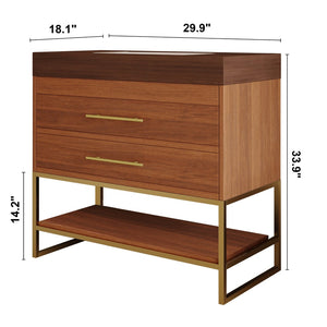 English Elm 29.9" Freestanding Bathroom Vanity Sintered Top Ceramic Sink Soft-close Drawers Small Bath Gold, Walnut W3136S00115