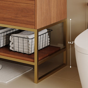 English Elm 29.9" Freestanding Bathroom Vanity Sintered Top Ceramic Sink Soft-close Drawers Small Bath Gold, Walnut W3136S00115
