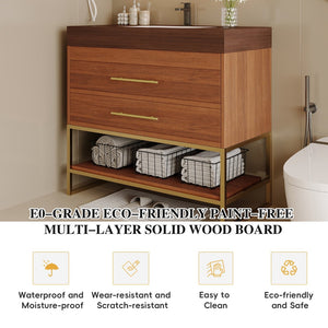 English Elm 29.9" Freestanding Bathroom Vanity Sintered Top Ceramic Sink Soft-close Drawers Small Bath Gold, Walnut W3136S00115