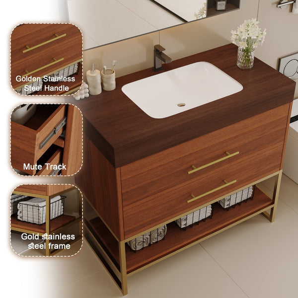 English Elm 29.9" Freestanding Bathroom Vanity Sintered Top Ceramic Sink Soft-close Drawers Small Bath Gold, Walnut W3136S00115