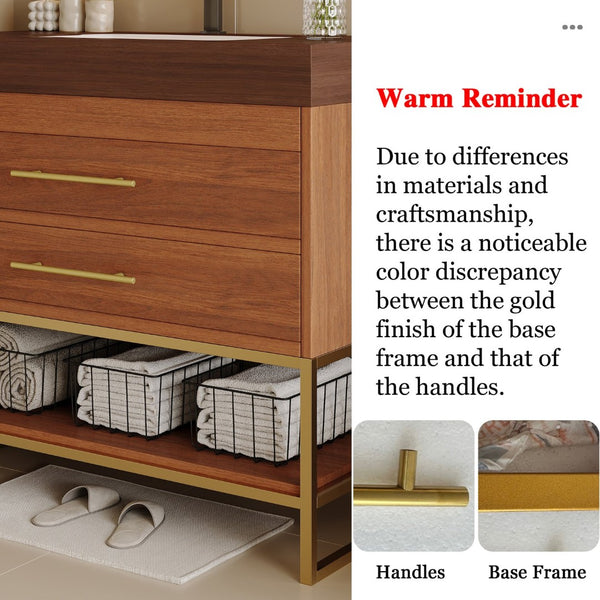 English Elm 29.9" Freestanding Bathroom Vanity Sintered Top Ceramic Sink Soft-close Drawers Small Bath Gold, Walnut W3136S00115