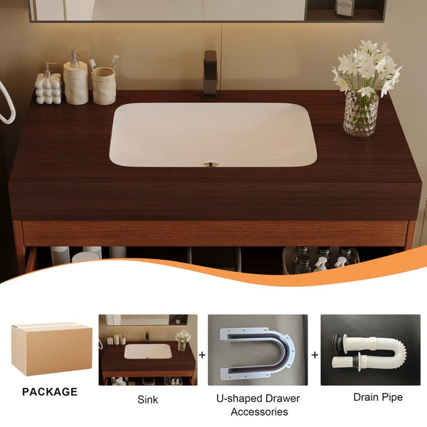 English Elm 29.9" Freestanding Bathroom Vanity Sintered Top Ceramic Sink Soft-close Drawers Small Bath Gold, Walnut W3136S00115