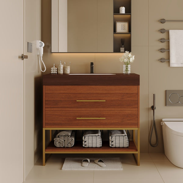 English Elm 29.9" Freestanding Bathroom Vanity Sintered Top Ceramic Sink Soft-close Drawers Small Bath Gold, Walnut W3136S00115