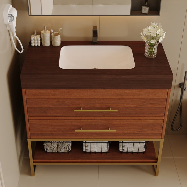 English Elm 29.9" Freestanding Bathroom Vanity Sintered Top Ceramic Sink Soft-close Drawers Small Bath Gold, Walnut W3136S00115