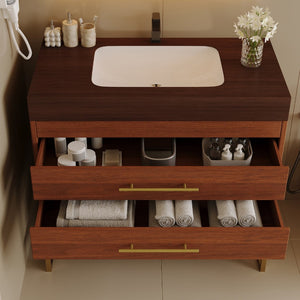 English Elm 29.9" Freestanding Bathroom Vanity Sintered Top Ceramic Sink Soft-close Drawers Small Bath Gold, Walnut W3136S00115