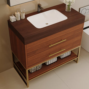 English Elm 29.9" Freestanding Bathroom Vanity Sintered Top Ceramic Sink Soft-close Drawers Small Bath Gold, Walnut W3136S00115