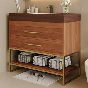 English Elm 29.9" Freestanding Bathroom Vanity Sintered Top Ceramic Sink Soft-close Drawers Small Bath Gold, Walnut W3136S00115