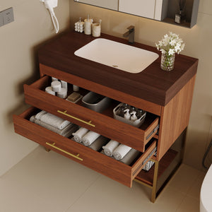 English Elm 29.9" Freestanding Bathroom Vanity Sintered Top Ceramic Sink Soft-close Drawers Small Bath Gold, Walnut W3136S00115