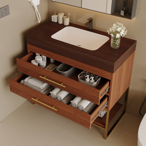 English Elm 29.9" Freestanding Bathroom Vanity Sintered Top Ceramic Sink Soft-close Drawers Small Bath Gold, Walnut W3136S00115