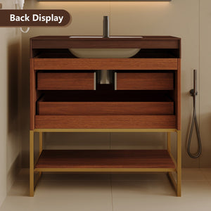 English Elm 29.9" Freestanding Bathroom Vanity Sintered Top Ceramic Sink Soft-close Drawers Small Bath Gold, Walnut W3136S00115