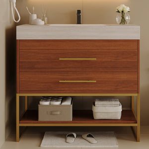 English Elm 29.9" Freestanding Bathroom Vanity Sintered Top Ceramic Sink Soft-close Drawers Small Bath Gold, Stone Gray, Walnut W3136S00116