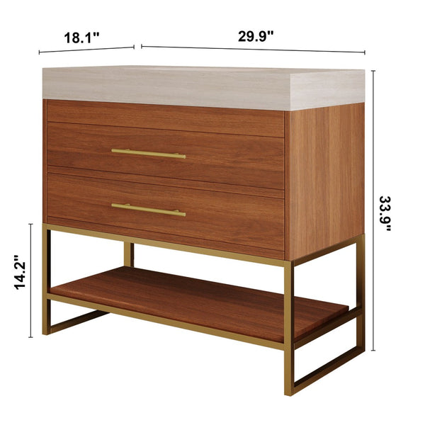 English Elm 29.9" Freestanding Bathroom Vanity Sintered Top Ceramic Sink Soft-close Drawers Small Bath Gold, Stone Gray, Walnut W3136S00116