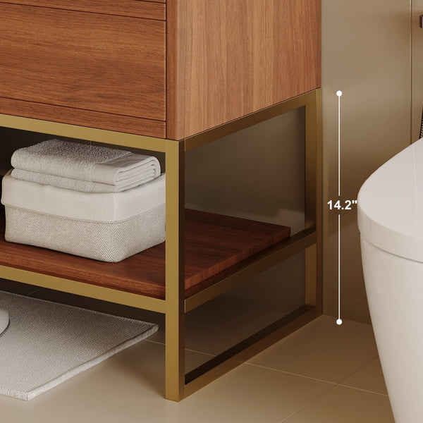 English Elm 29.9" Freestanding Bathroom Vanity Sintered Top Ceramic Sink Soft-close Drawers Small Bath Gold, Stone Gray, Walnut W3136S00116