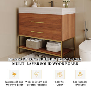 English Elm 29.9" Freestanding Bathroom Vanity Sintered Top Ceramic Sink Soft-close Drawers Small Bath Gold, Stone Gray, Walnut W3136S00116