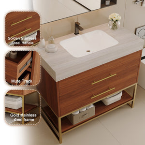 English Elm 29.9" Freestanding Bathroom Vanity Sintered Top Ceramic Sink Soft-close Drawers Small Bath Gold, Stone Gray, Walnut W3136S00116