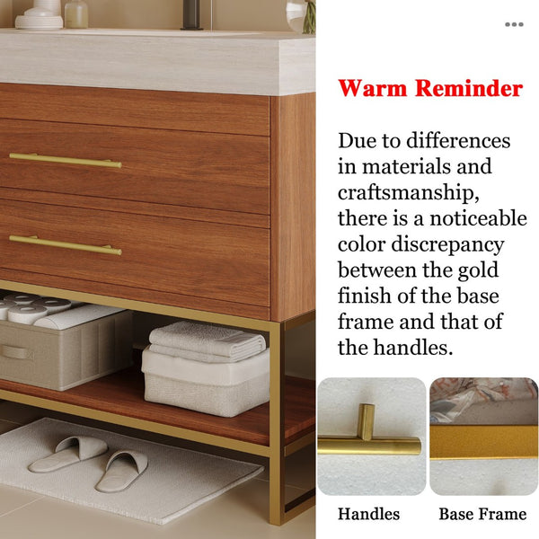 English Elm 29.9" Freestanding Bathroom Vanity Sintered Top Ceramic Sink Soft-close Drawers Small Bath Gold, Stone Gray, Walnut W3136S00116