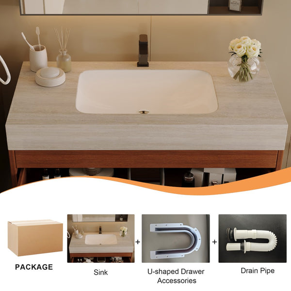 English Elm 29.9" Freestanding Bathroom Vanity Sintered Top Ceramic Sink Soft-close Drawers Small Bath Gold, Stone Gray, Walnut W3136S00116