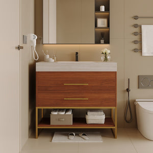 English Elm 29.9" Freestanding Bathroom Vanity Sintered Top Ceramic Sink Soft-close Drawers Small Bath Gold, Stone Gray, Walnut W3136S00116