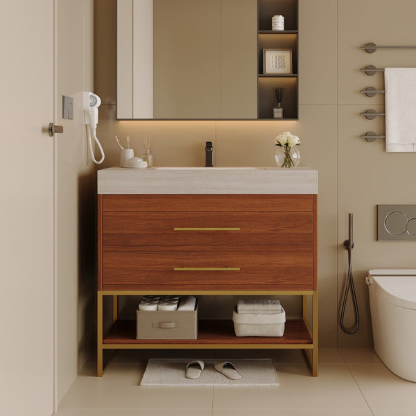 English Elm 29.9" Freestanding Bathroom Vanity Sintered Top Ceramic Sink Soft-close Drawers Small Bath Gold, Stone Gray, Walnut W3136S00116