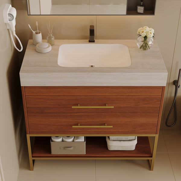 English Elm 29.9" Freestanding Bathroom Vanity Sintered Top Ceramic Sink Soft-close Drawers Small Bath Gold, Stone Gray, Walnut W3136S00116