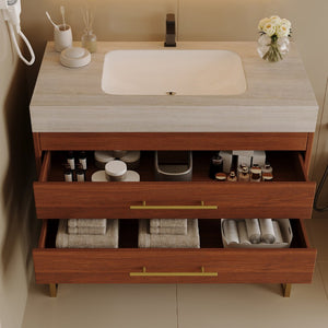 English Elm 29.9" Freestanding Bathroom Vanity Sintered Top Ceramic Sink Soft-close Drawers Small Bath Gold, Stone Gray, Walnut W3136S00116