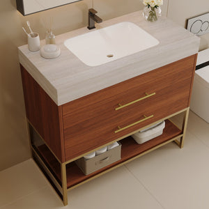 English Elm 29.9" Freestanding Bathroom Vanity Sintered Top Ceramic Sink Soft-close Drawers Small Bath Gold, Stone Gray, Walnut W3136S00116