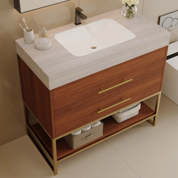 English Elm 29.9" Freestanding Bathroom Vanity Sintered Top Ceramic Sink Soft-close Drawers Small Bath Gold, Stone Gray, Walnut W3136S00116