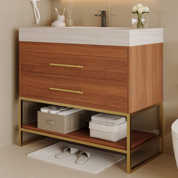 English Elm 29.9" Freestanding Bathroom Vanity Sintered Top Ceramic Sink Soft-close Drawers Small Bath Gold, Stone Gray, Walnut W3136S00116