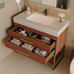 English Elm 29.9" Freestanding Bathroom Vanity Sintered Top Ceramic Sink Soft-close Drawers Small Bath Gold, Stone Gray, Walnut W3136S00116