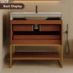 English Elm 29.9" Freestanding Bathroom Vanity Sintered Top Ceramic Sink Soft-close Drawers Small Bath Gold, Stone Gray, Walnut W3136S00116
