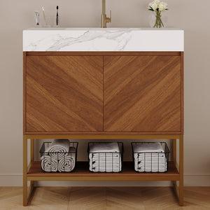 English Elm 29.9" Freestanding Bathroom Vanity Sintered Top Ceramic Sink Soft-close Drawers Small Bath Walnut / White - A W3136S00117