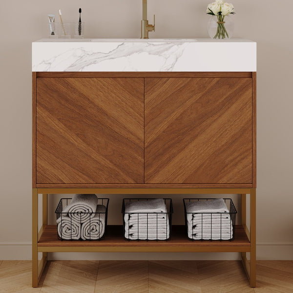 English Elm 29.9" Freestanding Bathroom Vanity Sintered Top Ceramic Sink Soft-close Drawers Small Bath Walnut / White - A W3136S00117