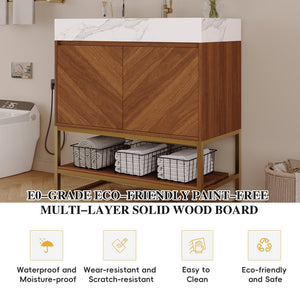 English Elm 29.9" Freestanding Bathroom Vanity Sintered Top Ceramic Sink Soft-close Drawers Small Bath Walnut / White - A W3136S00117