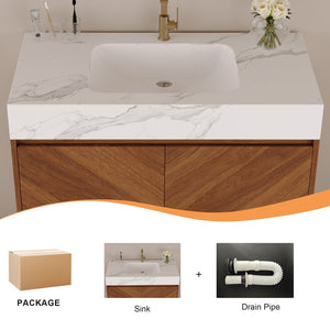 English Elm 29.9" Freestanding Bathroom Vanity Sintered Top Ceramic Sink Soft-close Drawers Small Bath Walnut / White - A W3136S00117