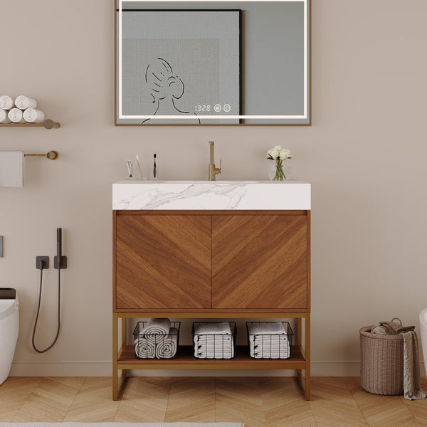 English Elm 29.9" Freestanding Bathroom Vanity Sintered Top Ceramic Sink Soft-close Drawers Small Bath Walnut / White - A W3136S00117